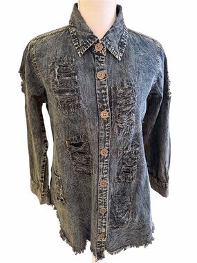 Paper Lace Black/Grey Acid Washed Distressed Button Down Shirt S